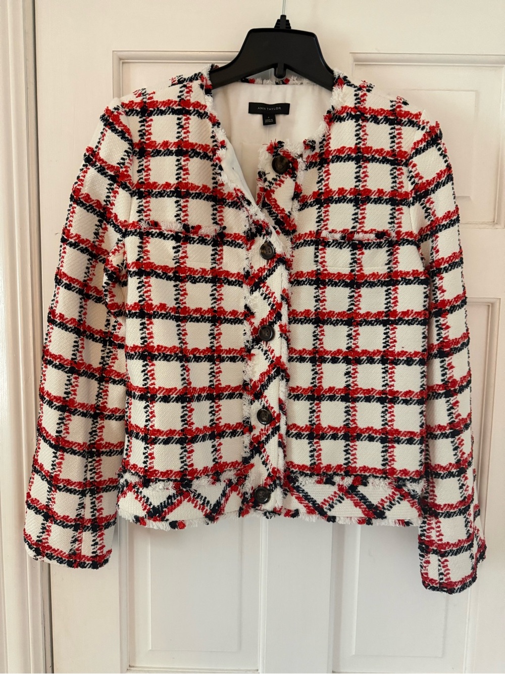 NWT Ann Taylor Women's White Red & blue fringe tweed blazer
